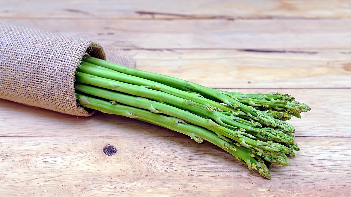 A tight bundle of fresh green asparagus spears on a linen cloth.