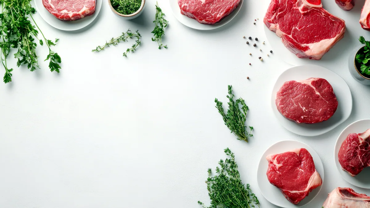 Three different beef steaks fanned out on a dark wooden cutting board.