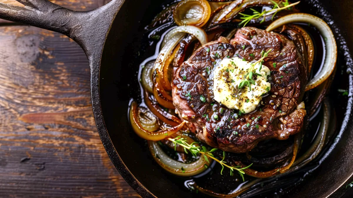 A thick ribeye steak searing in a hot cast iron pan with wisps of smoke.