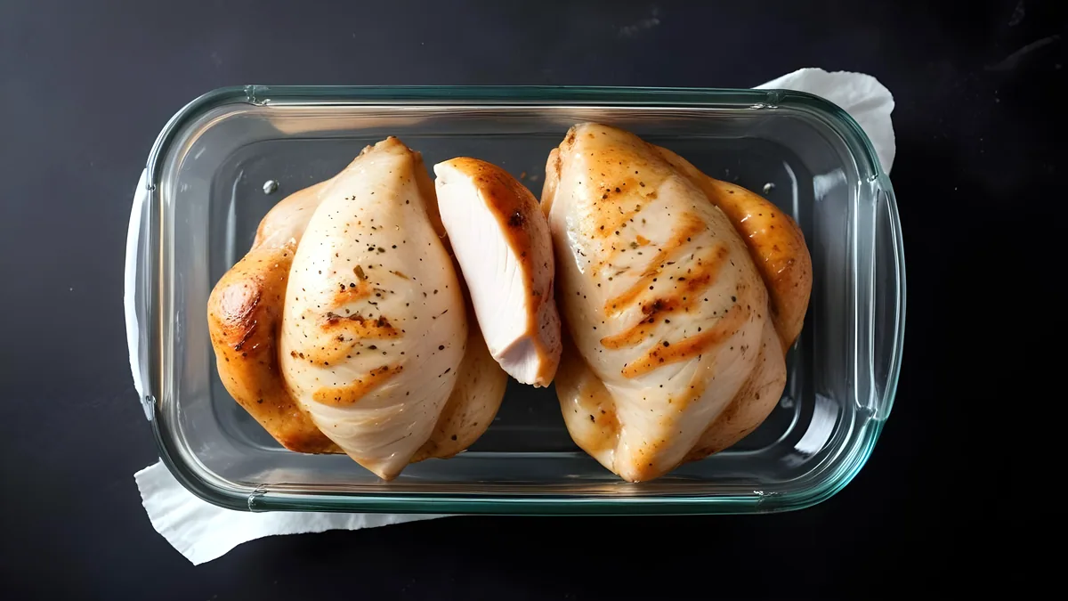 A chicken breast browning in a glass baking dish inside a lit oven.