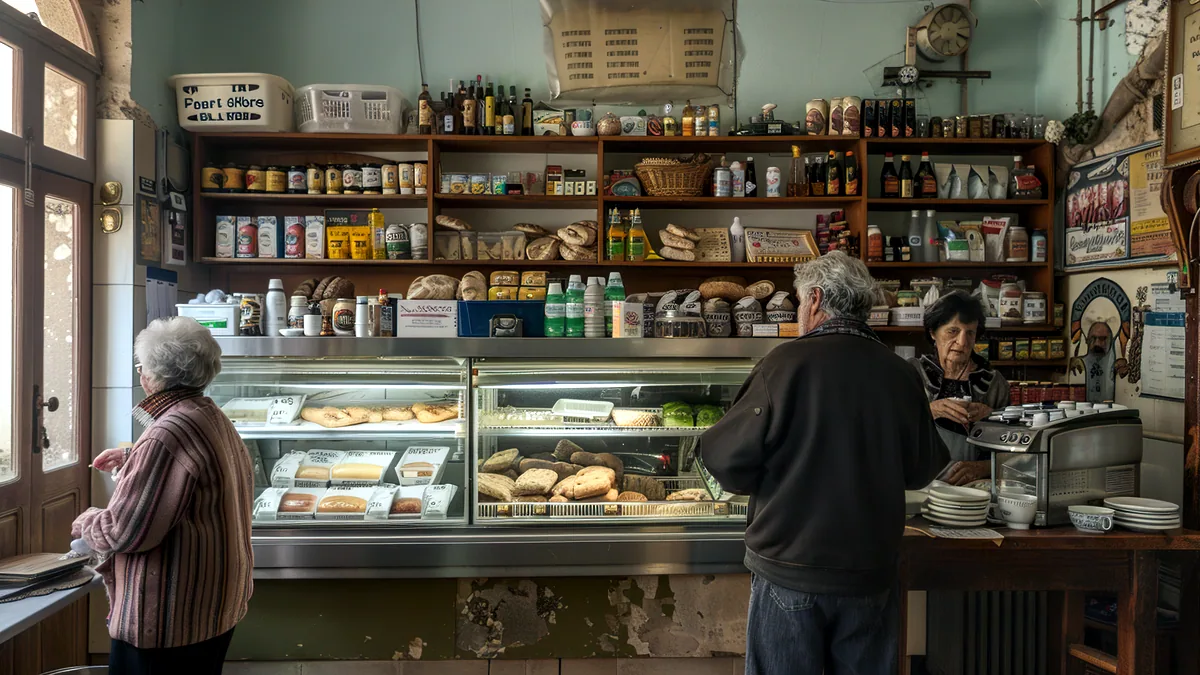 The interior of a small deli shop with shelves lined with jars and tinned goods.