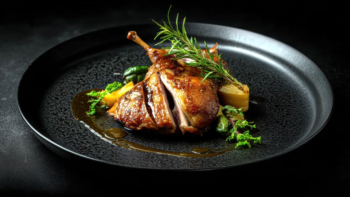 A plated wild game dish with game meat and root vegetables on a white plate.