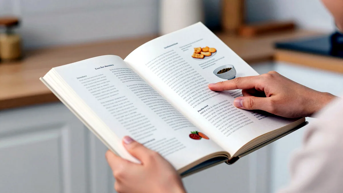 An open recipe book on a kitchen table, pages showing colourful food photographs.
