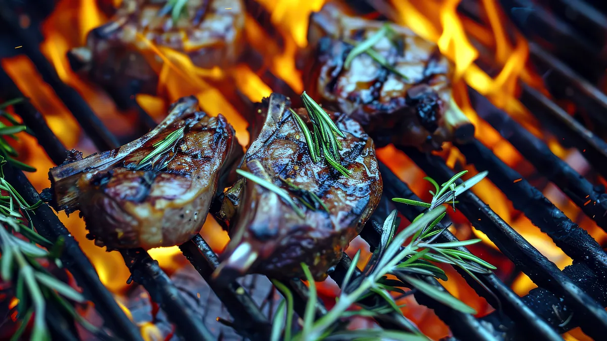 Lamb chops searing on a grill grate over bright orange coals.