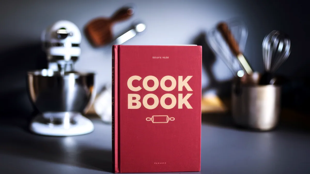 A slim metal recipe book stand holding an open book on a kitchen counter.