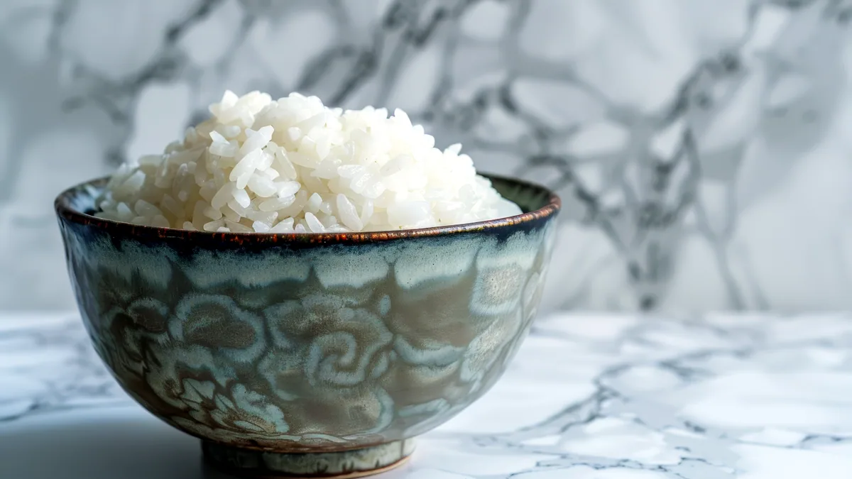 Fluffy steamed white rice mounded in a shallow ceramic bowl.