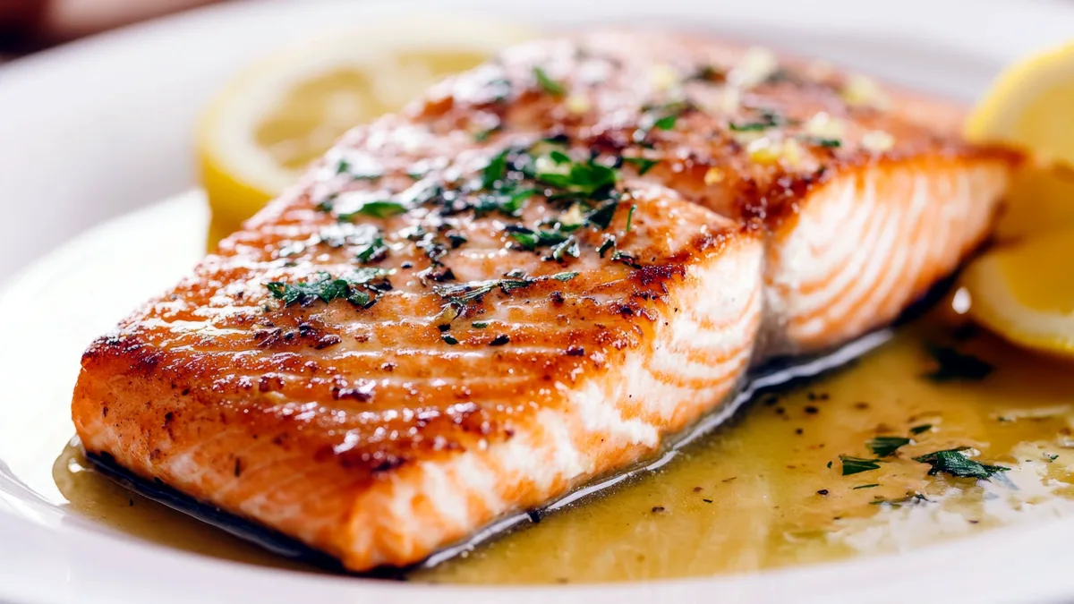 A pan seared salmon fillet with crackling golden skin on a ceramic plate.